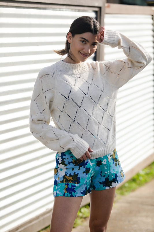 Baby Alpaca Lace Knit Mock Pullover in Eggshell Made to Order