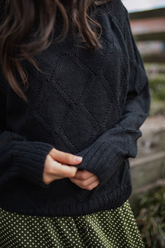 Baby Alpaca Lace Knit Mock Pullover in Black Made to Order