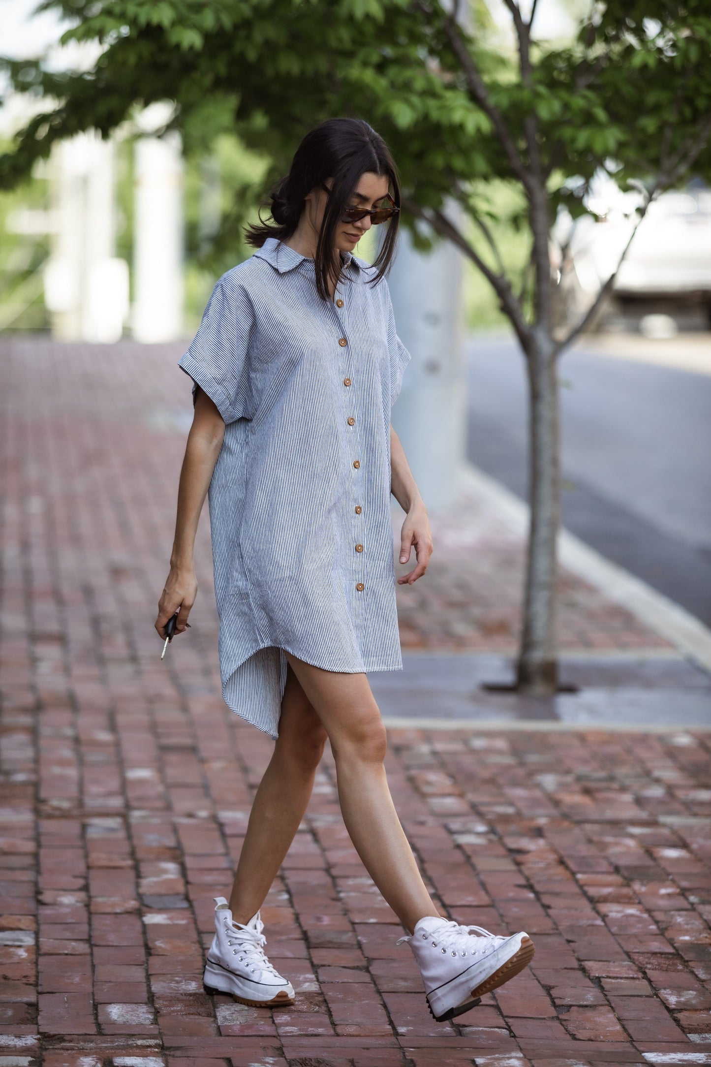 Paige Handwoven Cotton Relaxed Shirt Dress in Mauve and Dust Stripe Made to Order