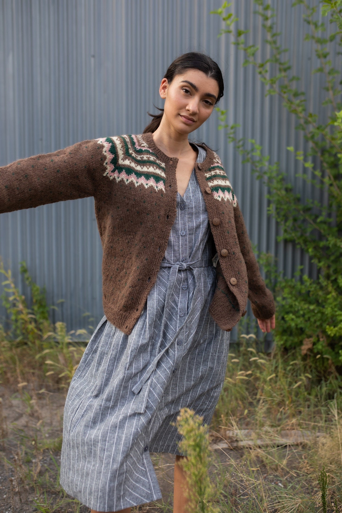 Hand Knit Nepali Wool Florence Cardigan Sweater in Brown Made to Order