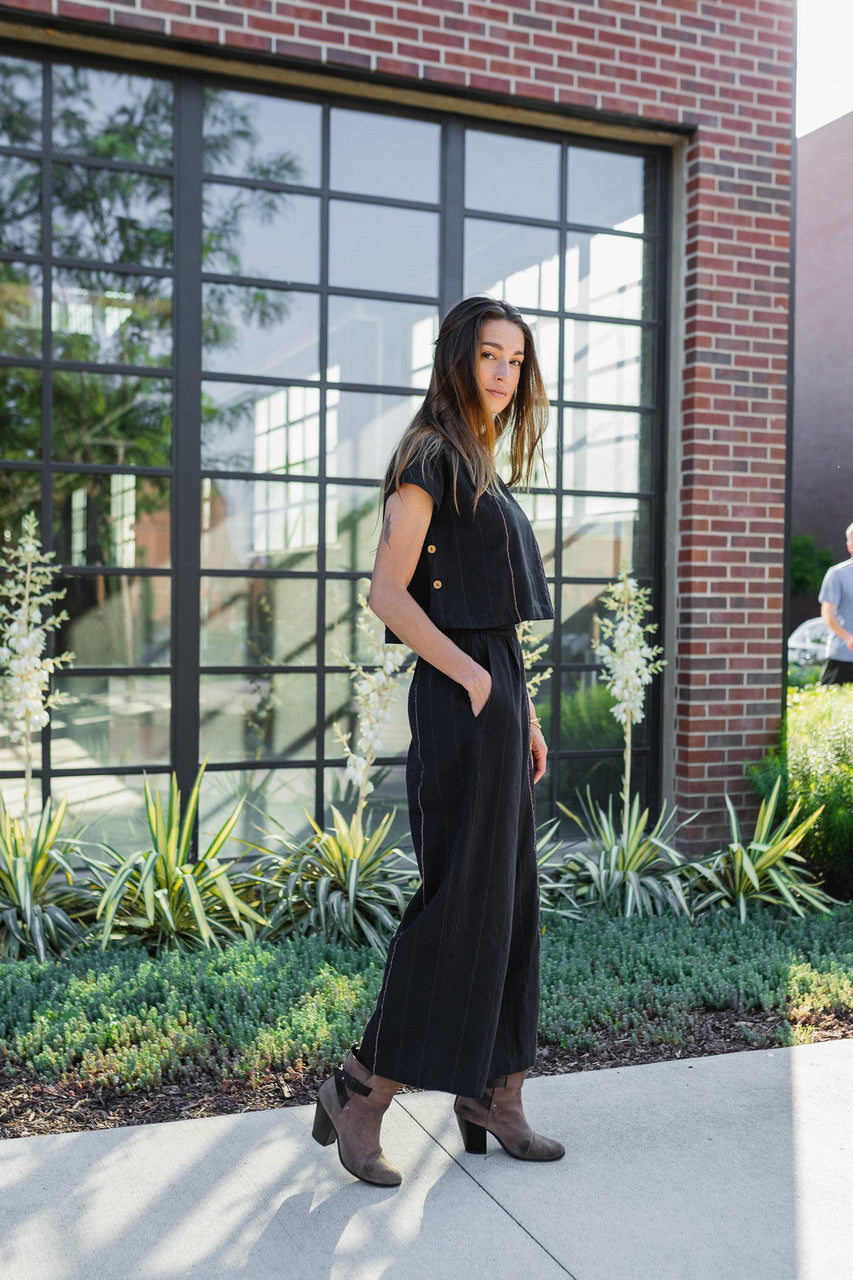 Katie Handwoven Cotton Black Cropped Shirt