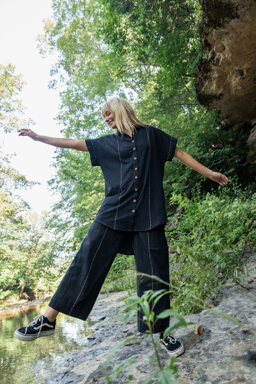 Katie Handwoven Cotton Black Cropped Shirt