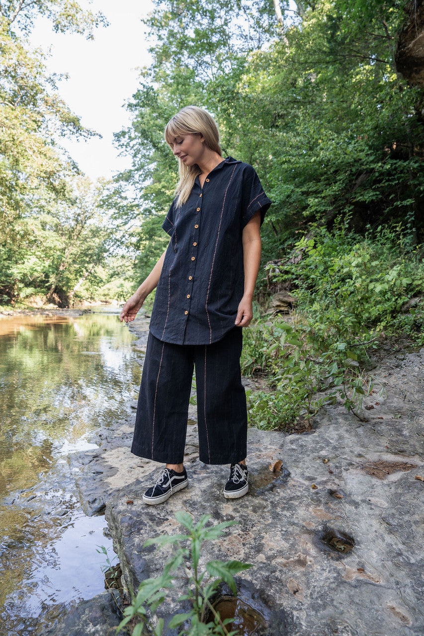 Katie Handwoven Cotton Black Cropped Shirt