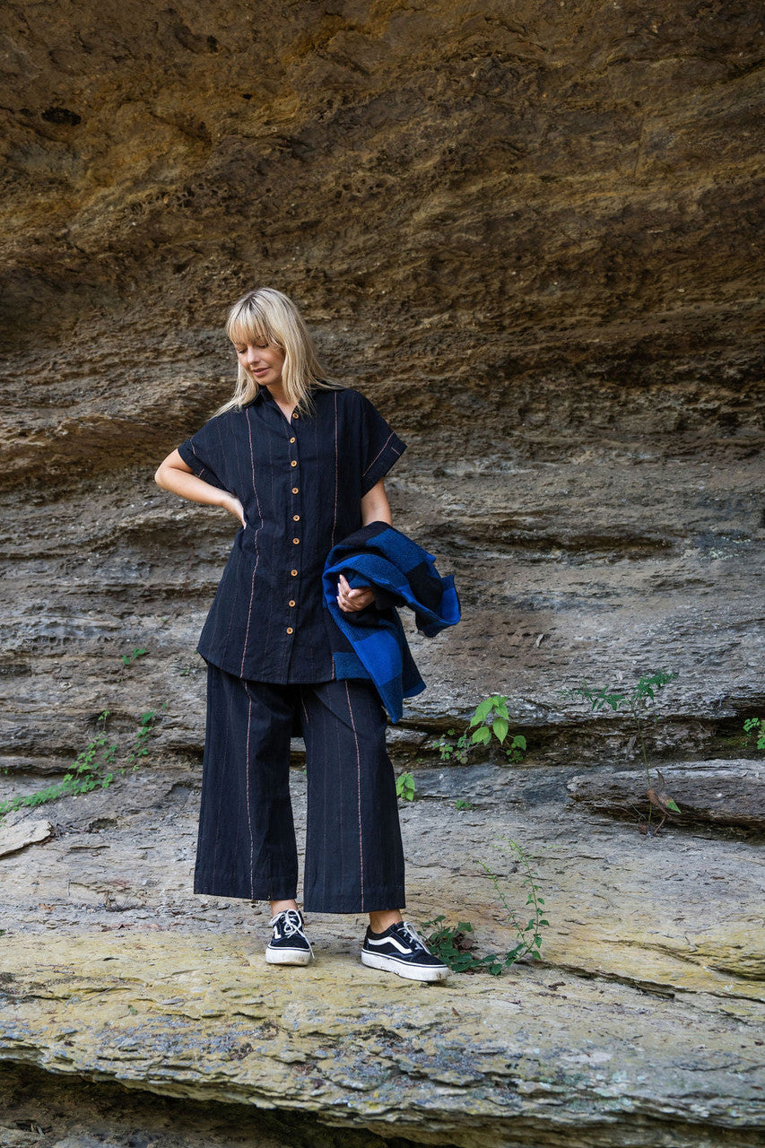 Katie Handwoven Cotton Black Cropped Shirt