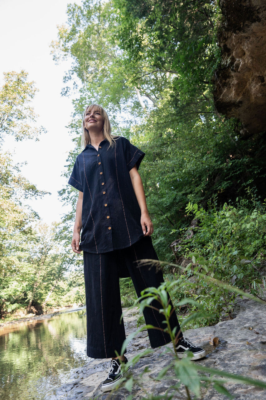 Katie Handwoven Cotton Black Cropped Shirt