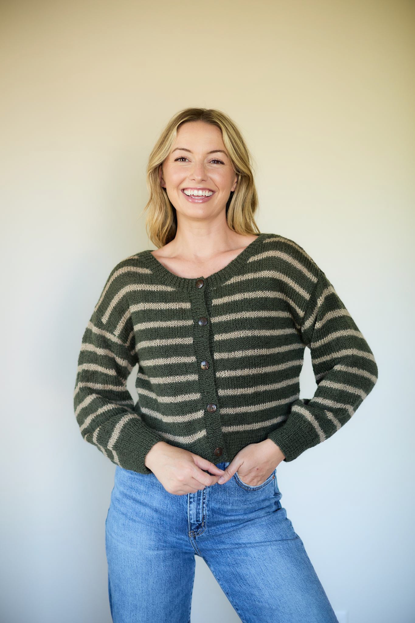 Leota Striped Wool Cardigan in Green and Beige Made to Order