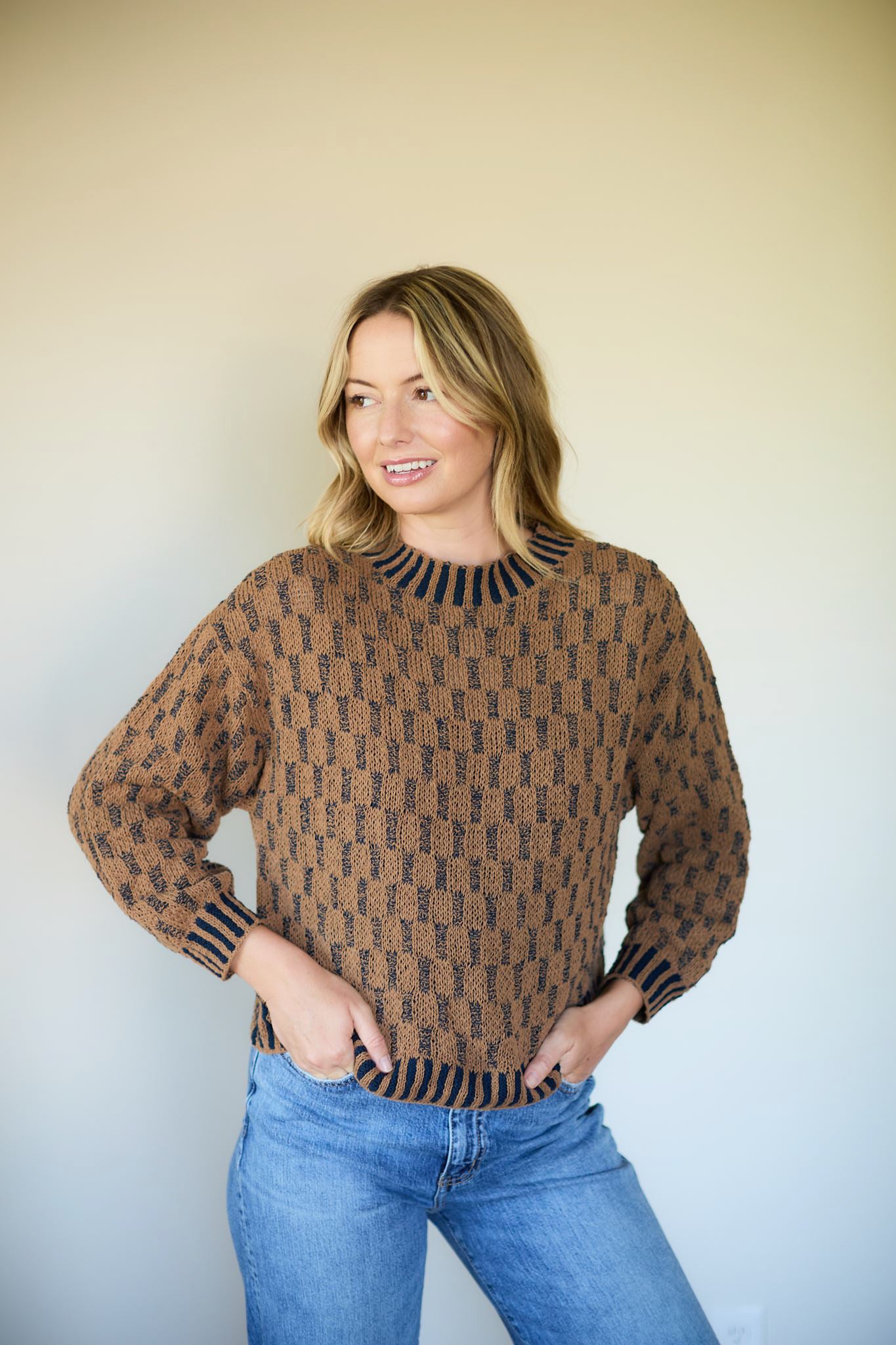 Faye Cotton Pullover in Chestnut and Navy Made to Order