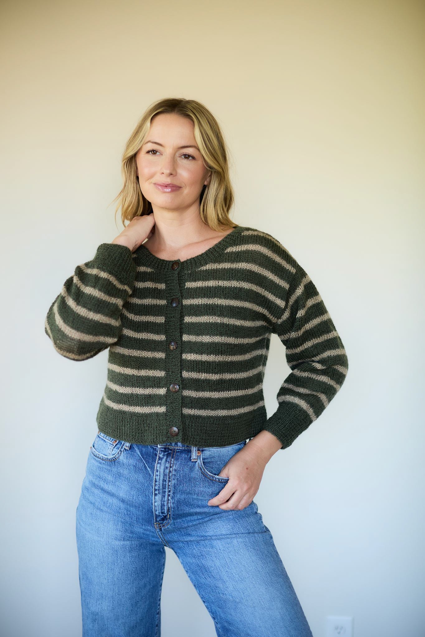 Leota Striped Wool Cardigan in Green and Beige Made to Order