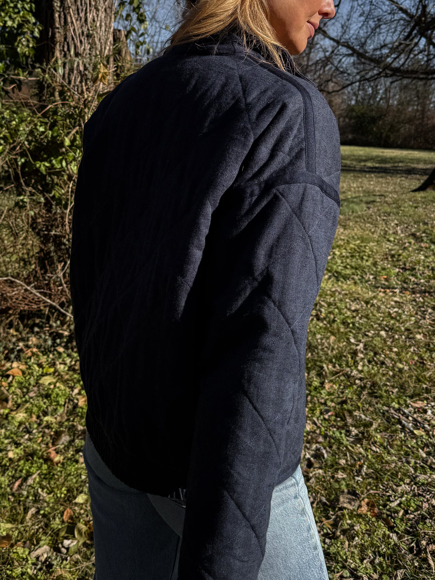 Jamie Linen Quilted Jacket in Navy Made to Order