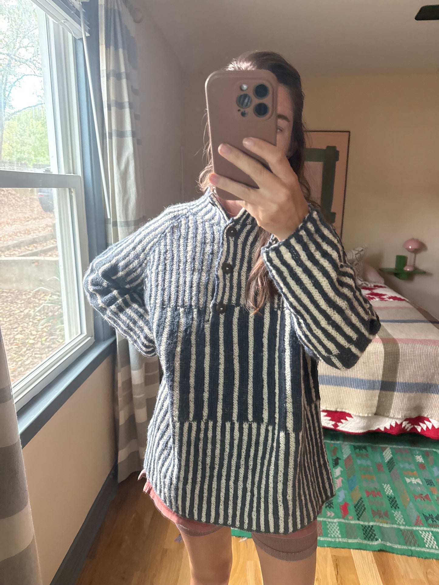 Tiff Oversized Wool Henley in Slate and Cream Made to Order