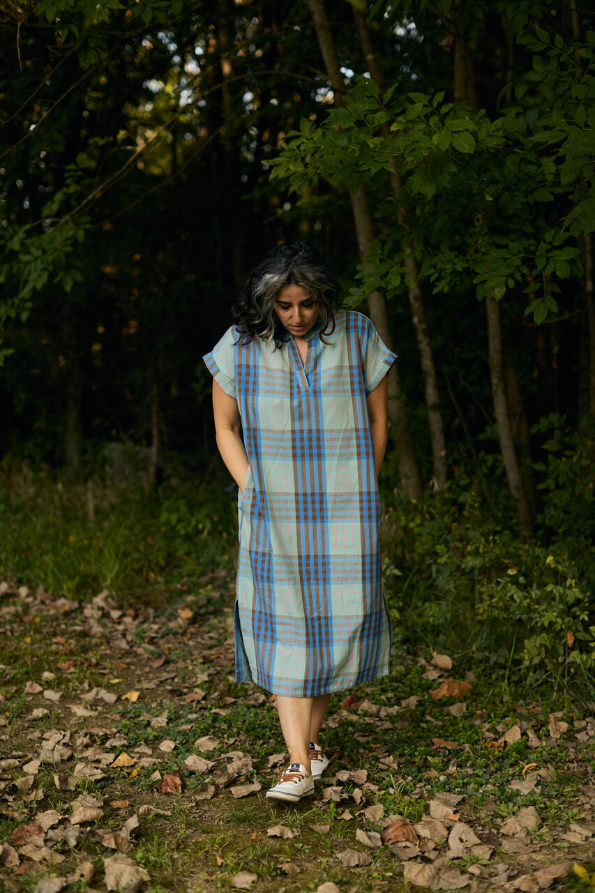 Paula Handwoven Cotton Tunic Dress in Teal Plaid Made to Order