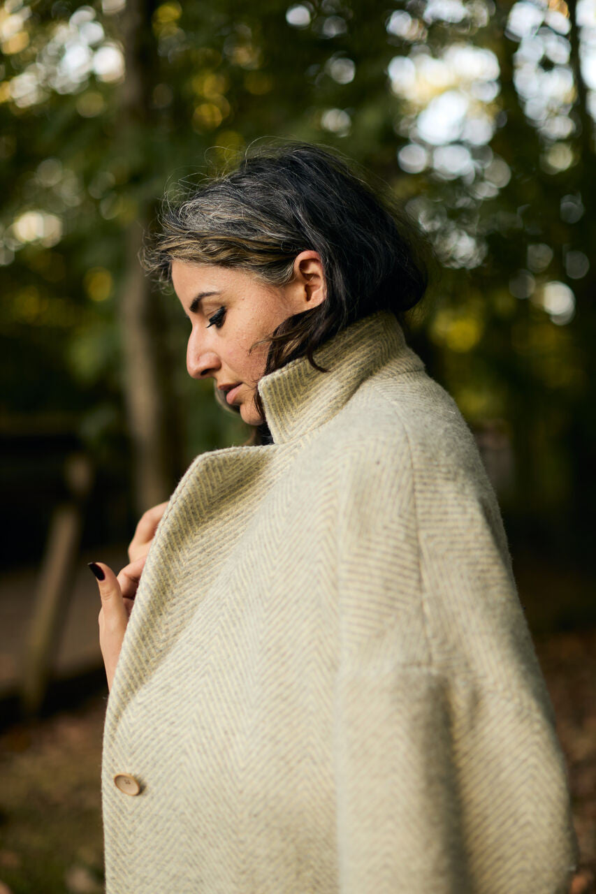 Portuguese Wool Pieper Coat in Light Grey and Cream Thin Herringbone Made to Order