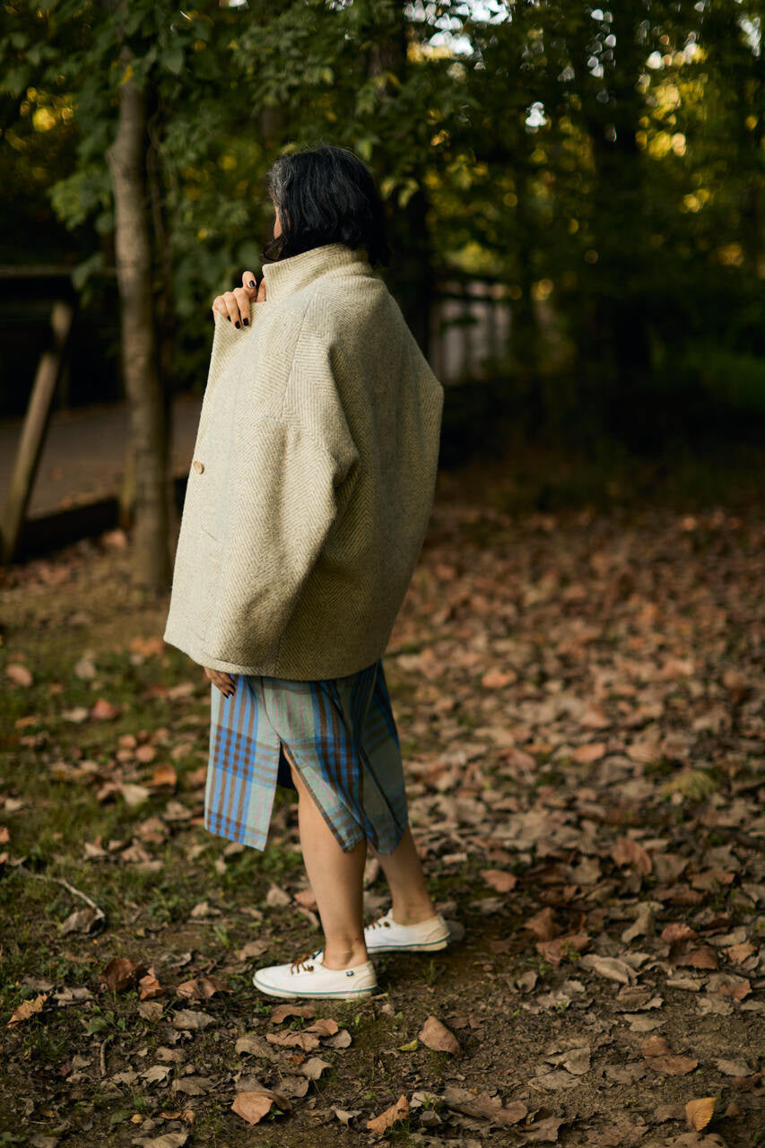 Portuguese Wool Pieper Coat in Light Grey and Cream Thin Herringbone Made to Order