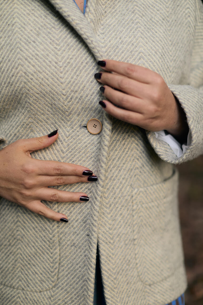 Portuguese Wool Pieper Coat in Light Grey and Cream Thin Herringbone Made to Order