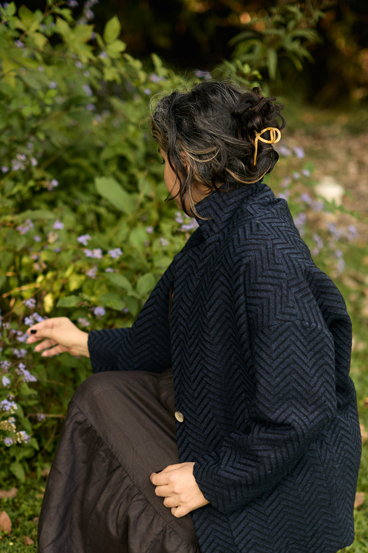 Portuguese Wool Pieper Coat in Dark Grey and Cream Lace Weave - M Left