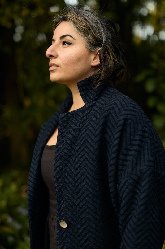 Portuguese Wool Pieper Coat in Navy and Black Herringbone - Pre-Order 1/30