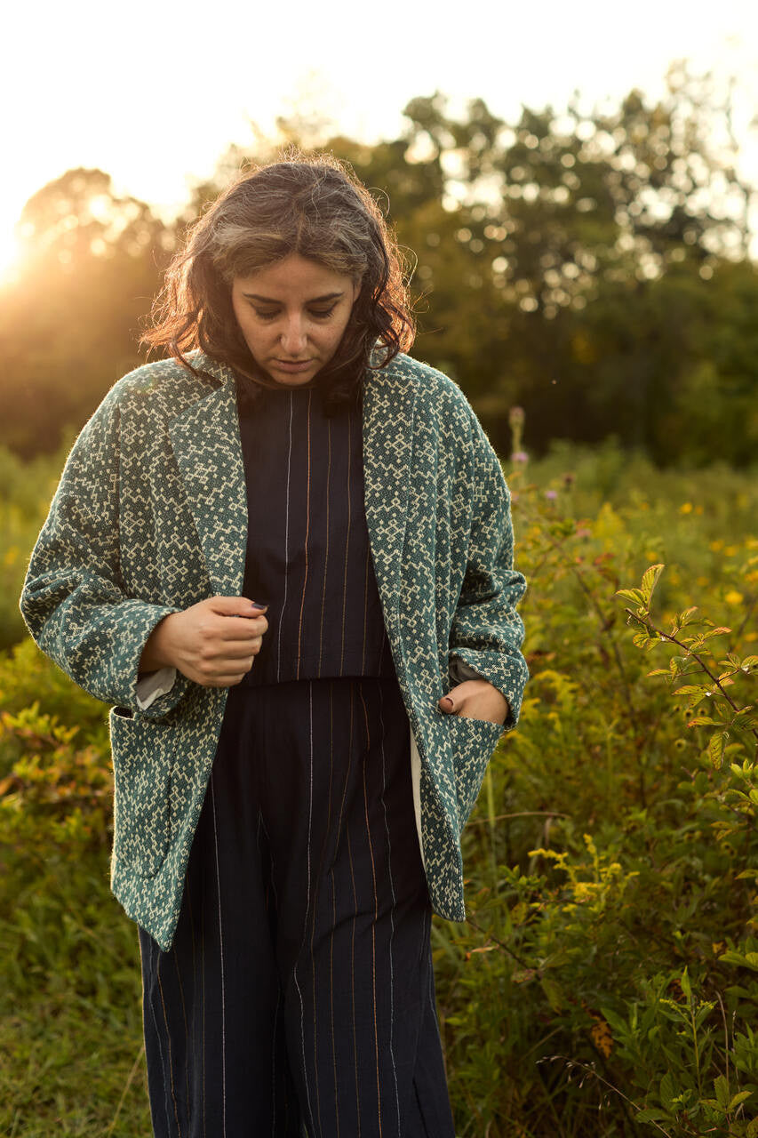 Portuguese Wool Pieper Coat in Dark Grey and Cream Lace Weave Made to Order