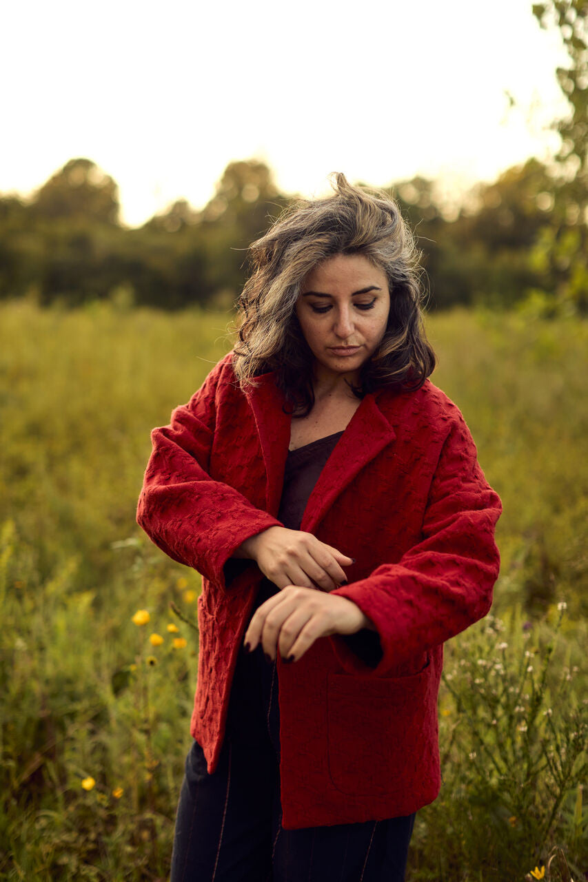 Portuguese Wool Pieper Coat in Red Houndstooth Made to Order