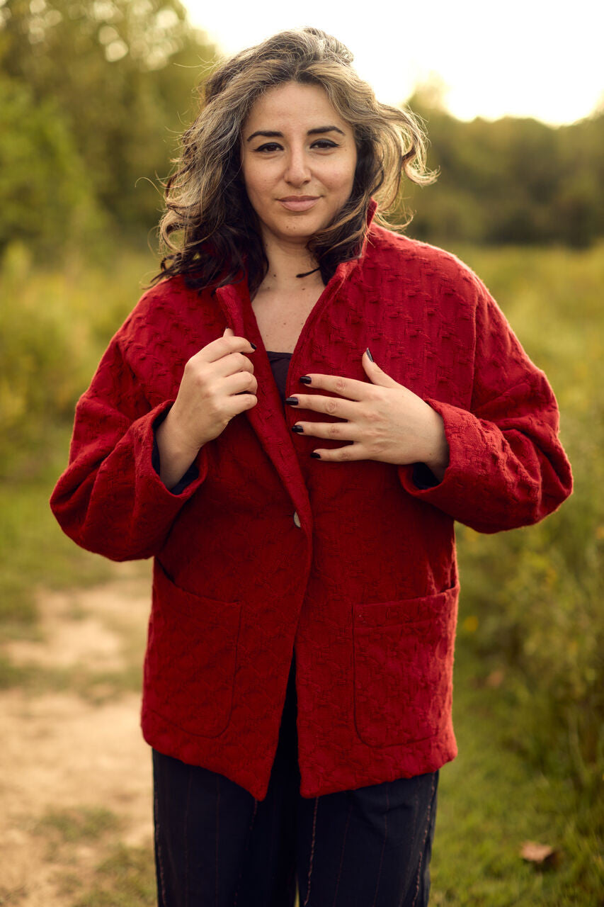 Portuguese Wool Pieper Coat in Red Houndstooth Made to Order