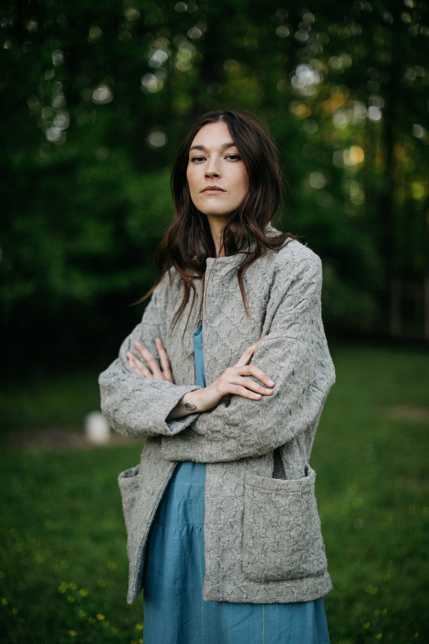 Portuguese Wool Pieper Coat in Grey Houndstooth