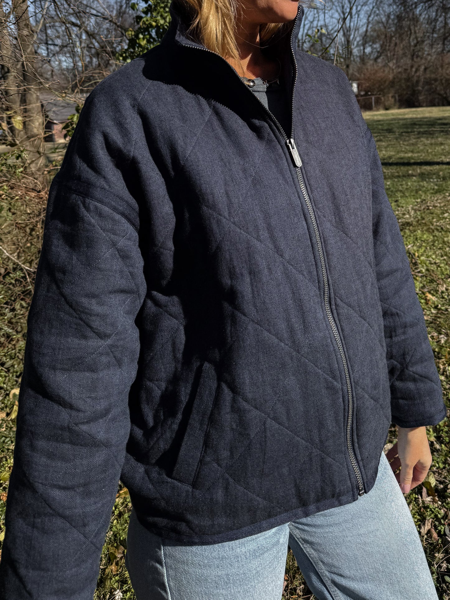 Jamie Linen Quilted Jacket in Navy Made to Order