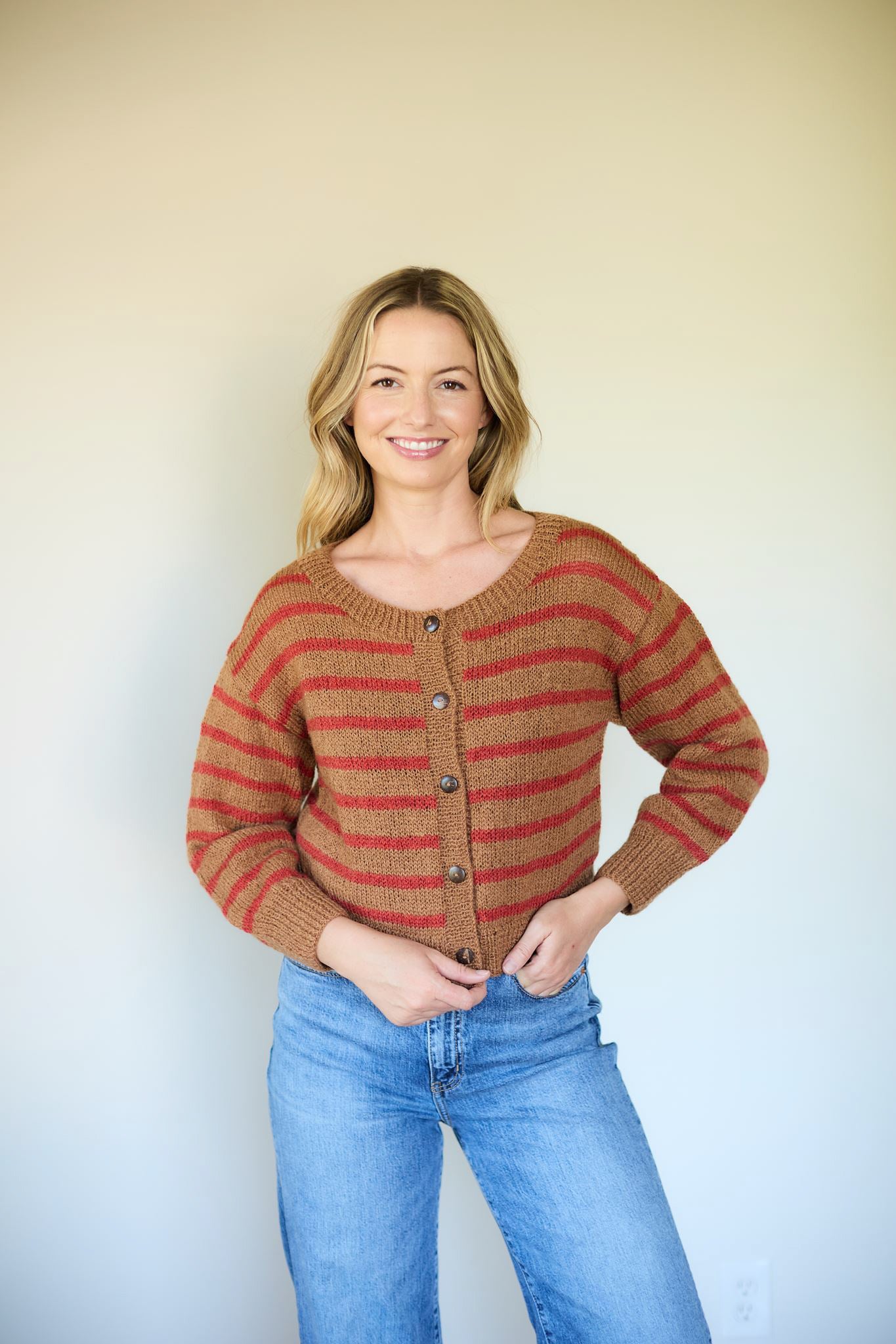 Leota Striped Wool Cardigan in Chestnut and Red Made to Order