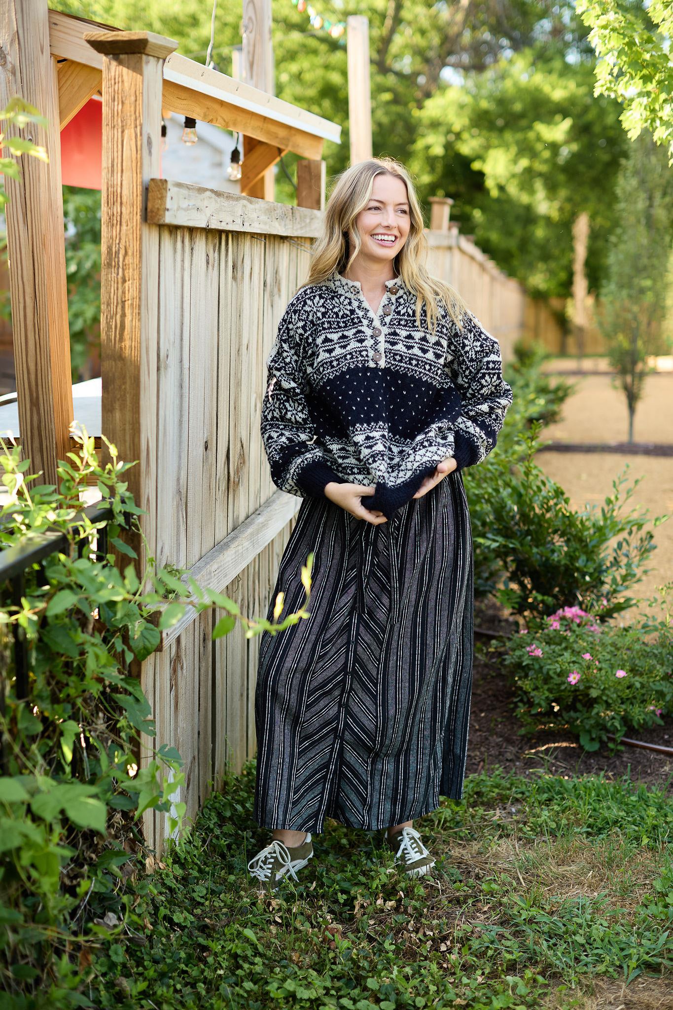 Imogene Oversized Wool Henley in Snowflake Print