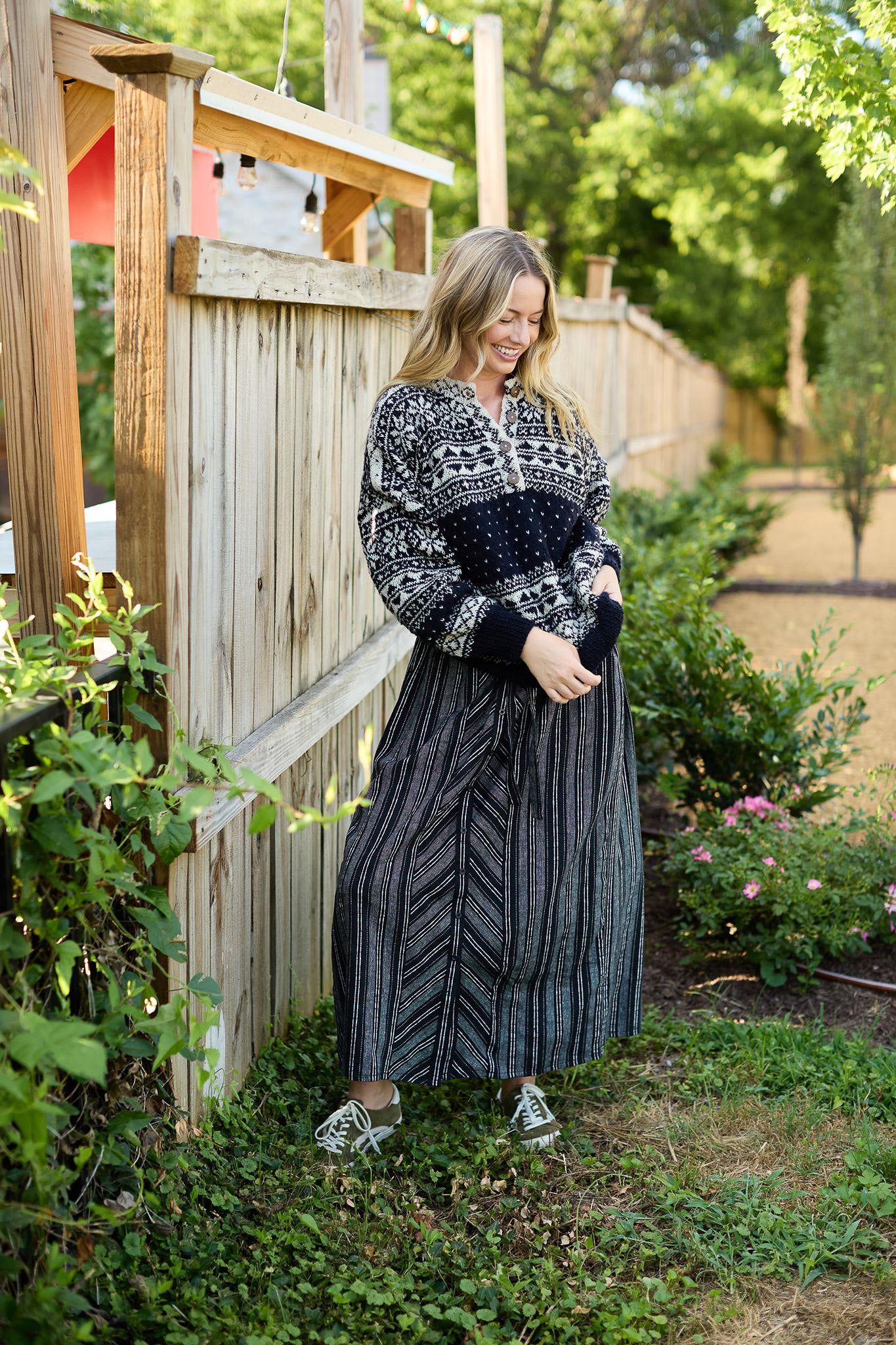 Imogene Oversized Wool Henley in Snowflake Print