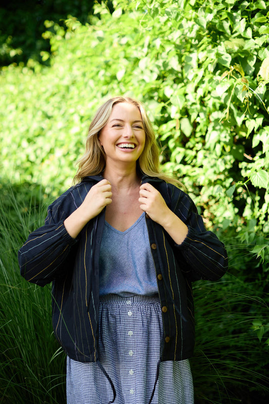 Maria Handwoven Cotton Jacket in Navy Handwoven Cotton