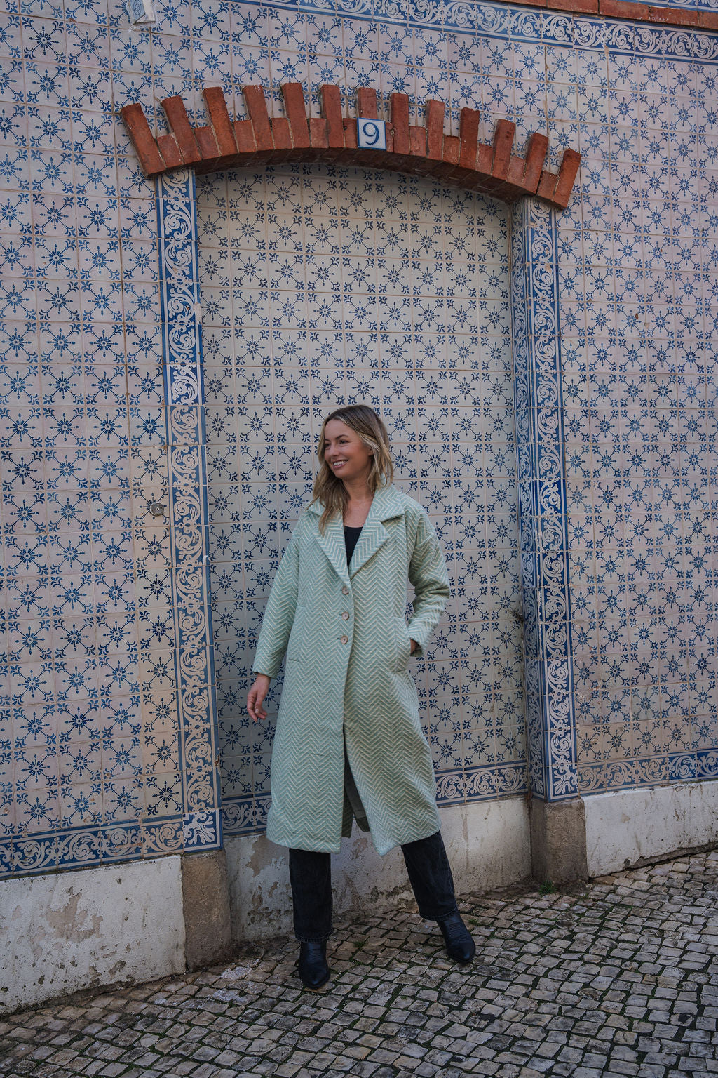 Portuguese Wool Polly Coat in Mint Herringbone Made to Order