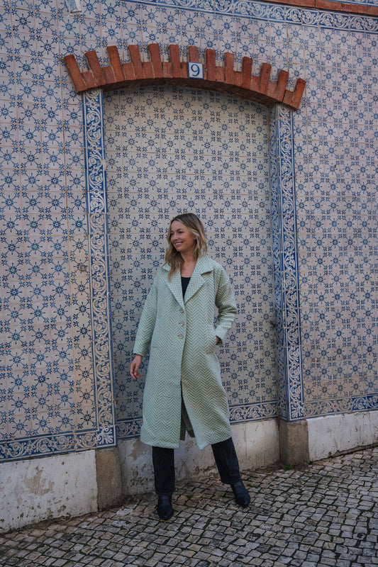 Portuguese Wool Polly Coat in Mint Herringbone Made to Order