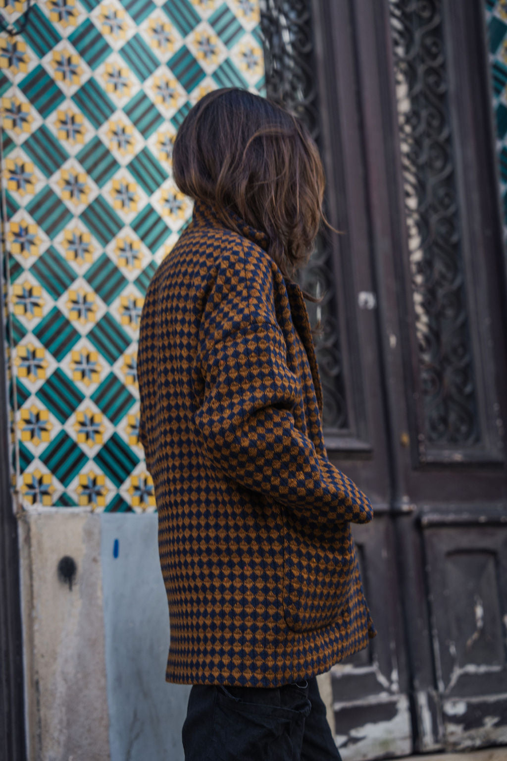 Portuguese Wool Pieper Coat in Brown and Navy Small Check Made to Order