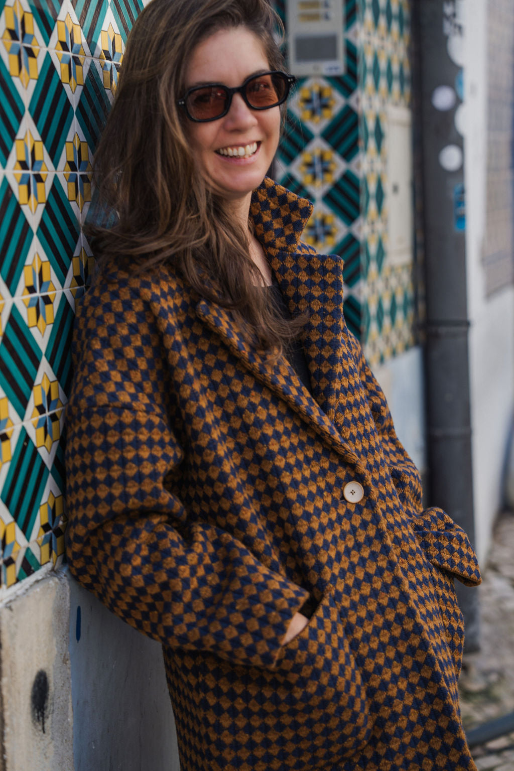 Portuguese Wool Pieper Coat in Brown and Navy Small Check Made to Order