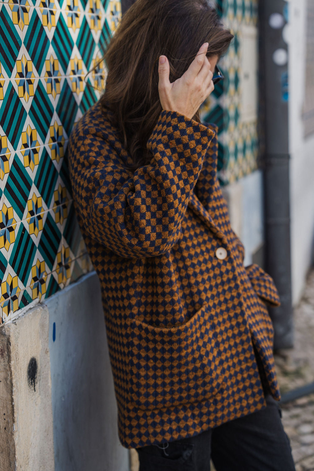 Portuguese Wool Pieper Coat in Brown and Navy Small Check Made to