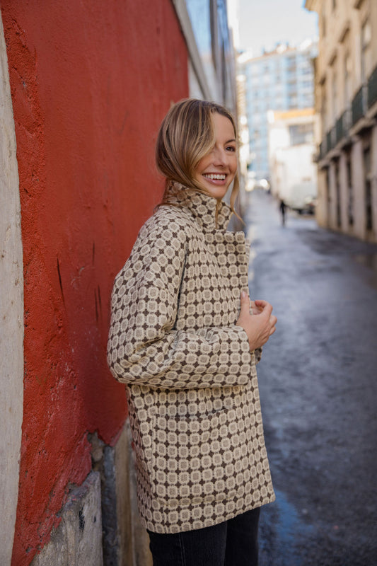 Portuguese Wool Pieper Coat in Brown Vintage Print Made to Order