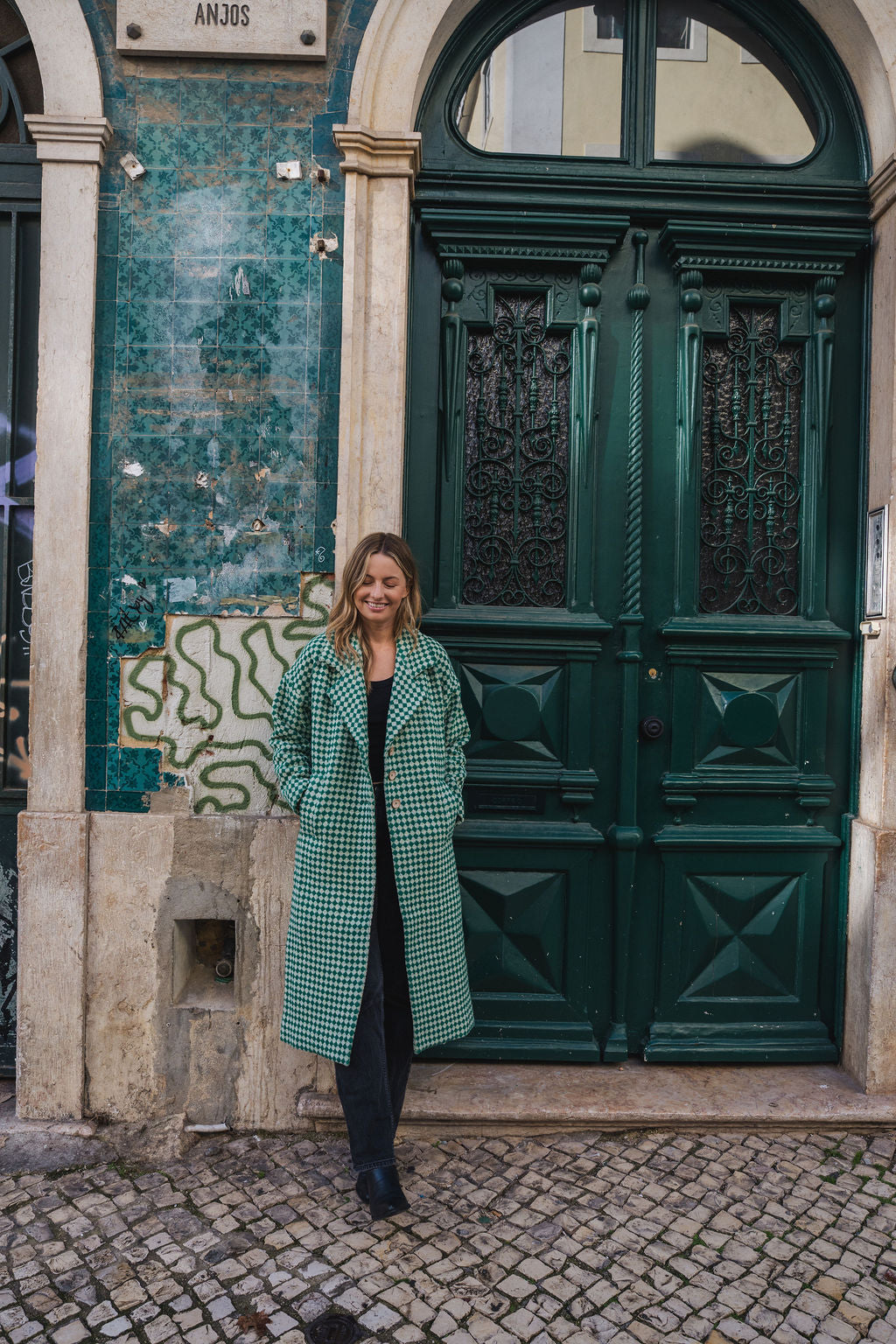 Portuguese Wool Polly Coat in Green and White Check Made to Order