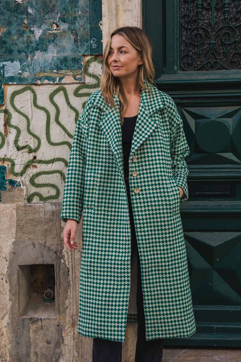 Portuguese Wool Polly Coat in Green and White Check Made to Order