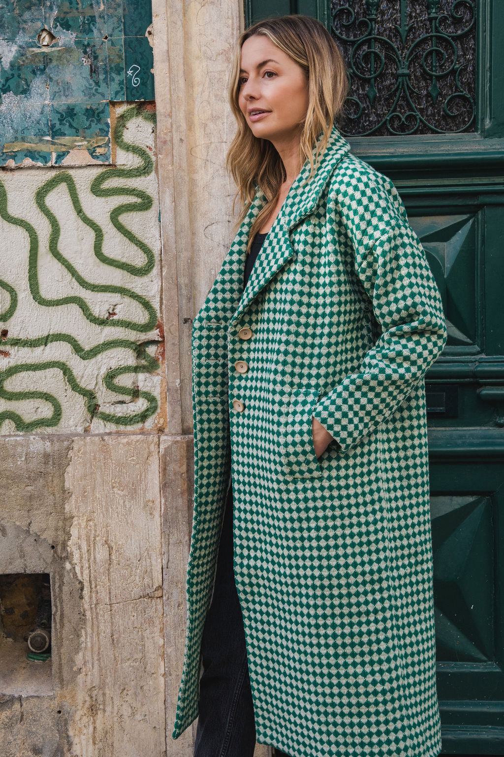 Portuguese Wool Polly Coat in Green and White Check – LizAlig