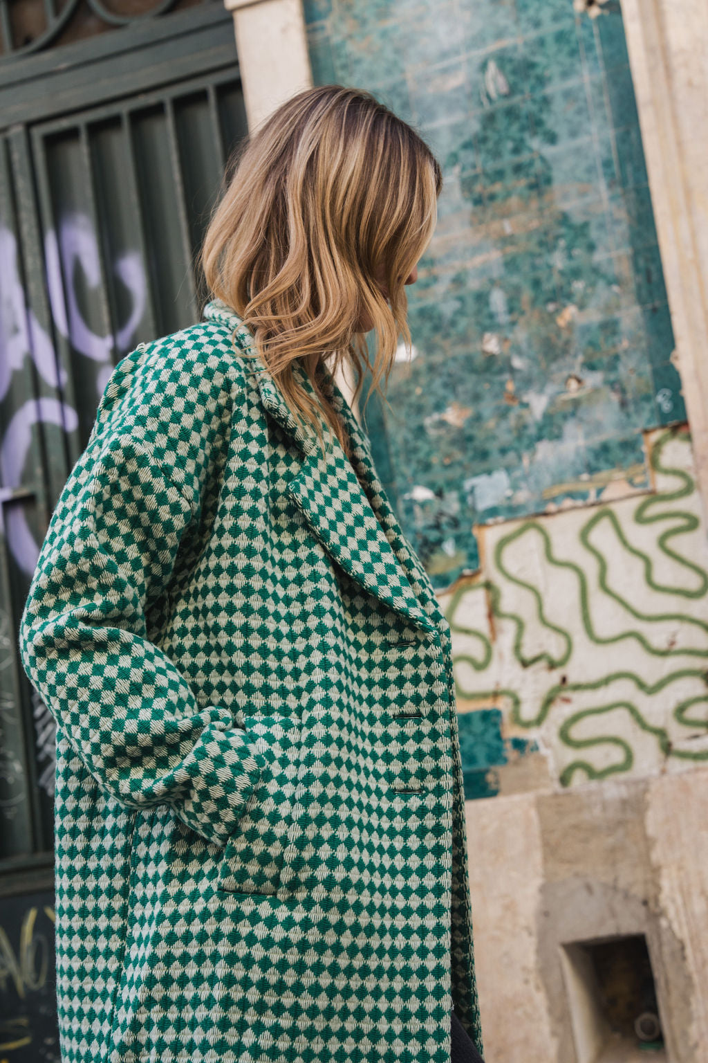 Portuguese Wool Polly Coat in Green and White Check Made to Order