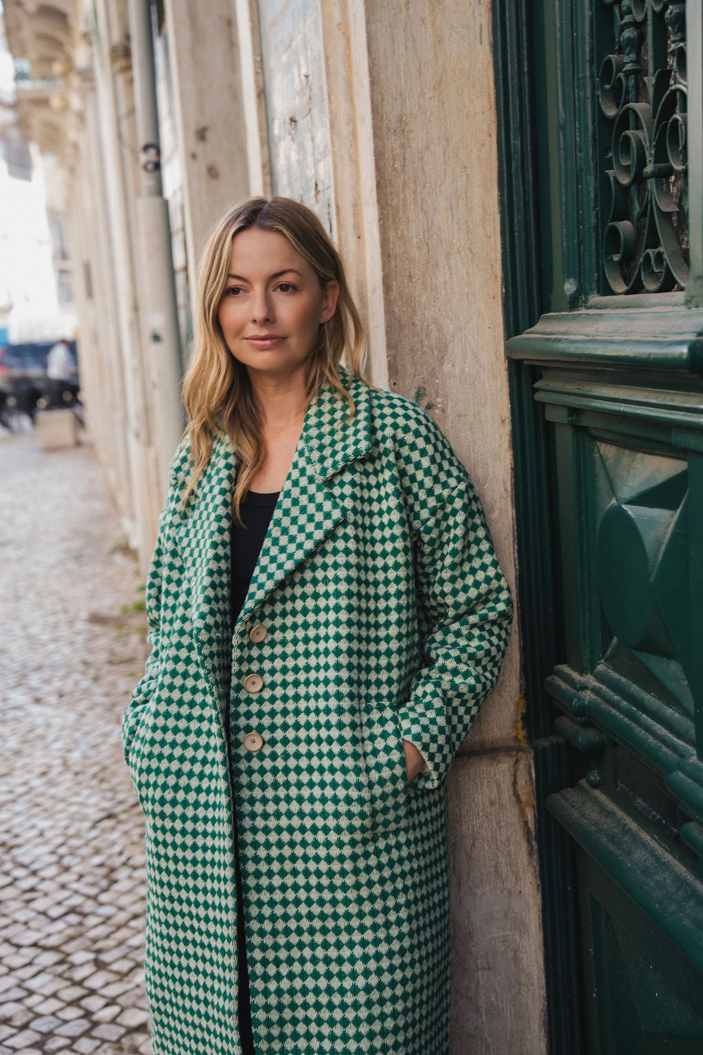 Portuguese Wool Polly Coat in Green and White Check Made to Order