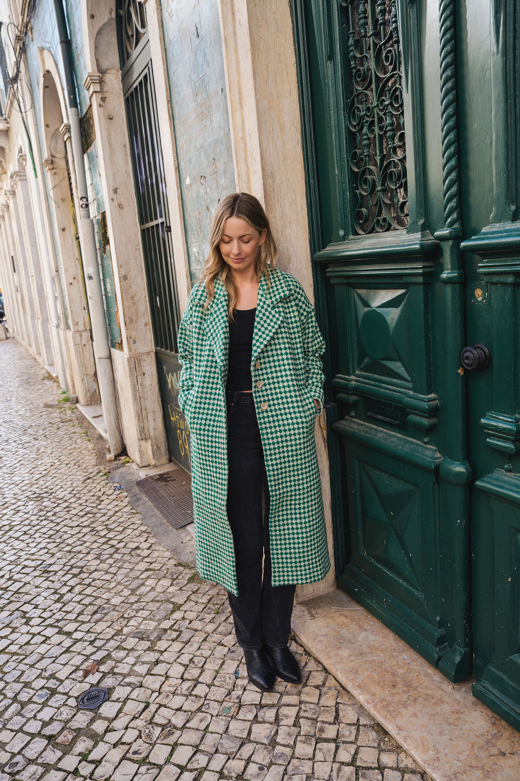 Portuguese Wool Polly Coat in Green and White Check Made to Order