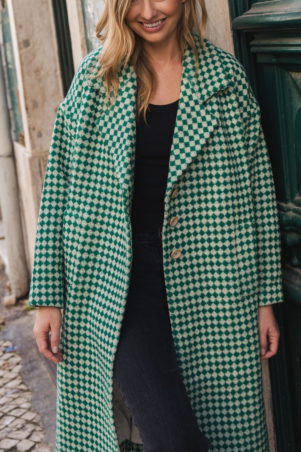 Portuguese Wool Polly Coat in Green and White Check Made to Order