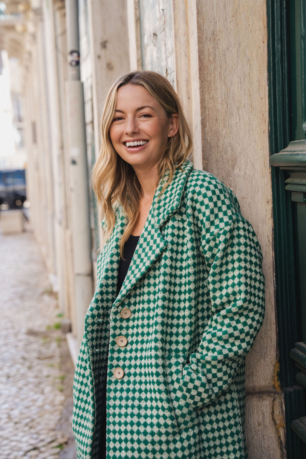 Portuguese Wool Polly Coat in Green and White Check Made to Order