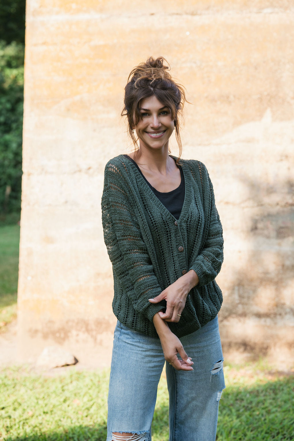 Trish Lace Cotton Sweater in Pine Green Made to Order