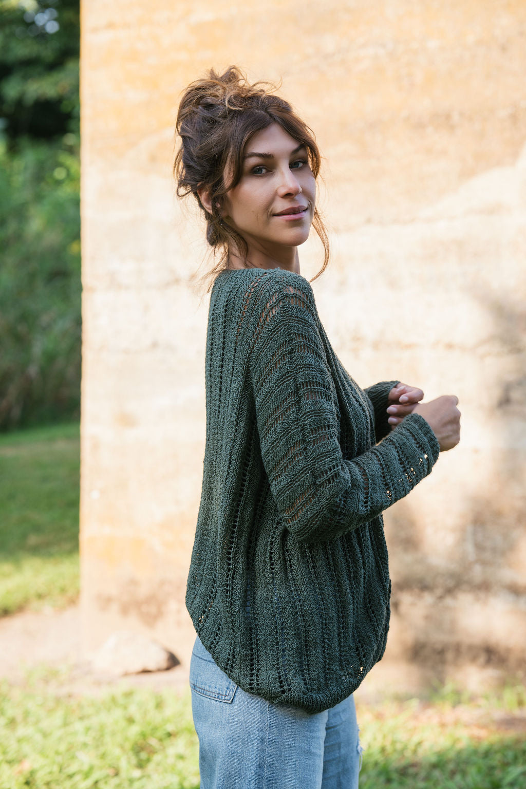 Trish Lace Cotton Sweater in Pine Green Made to Order