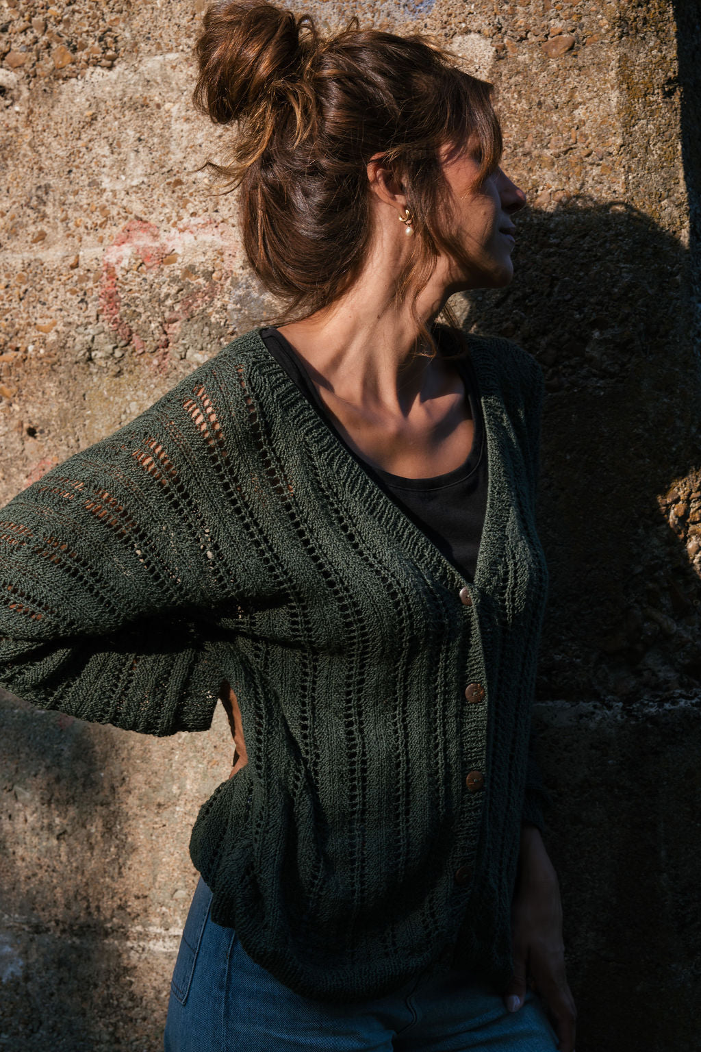 Trish Lace Cotton Sweater in Pine Green Made to Order