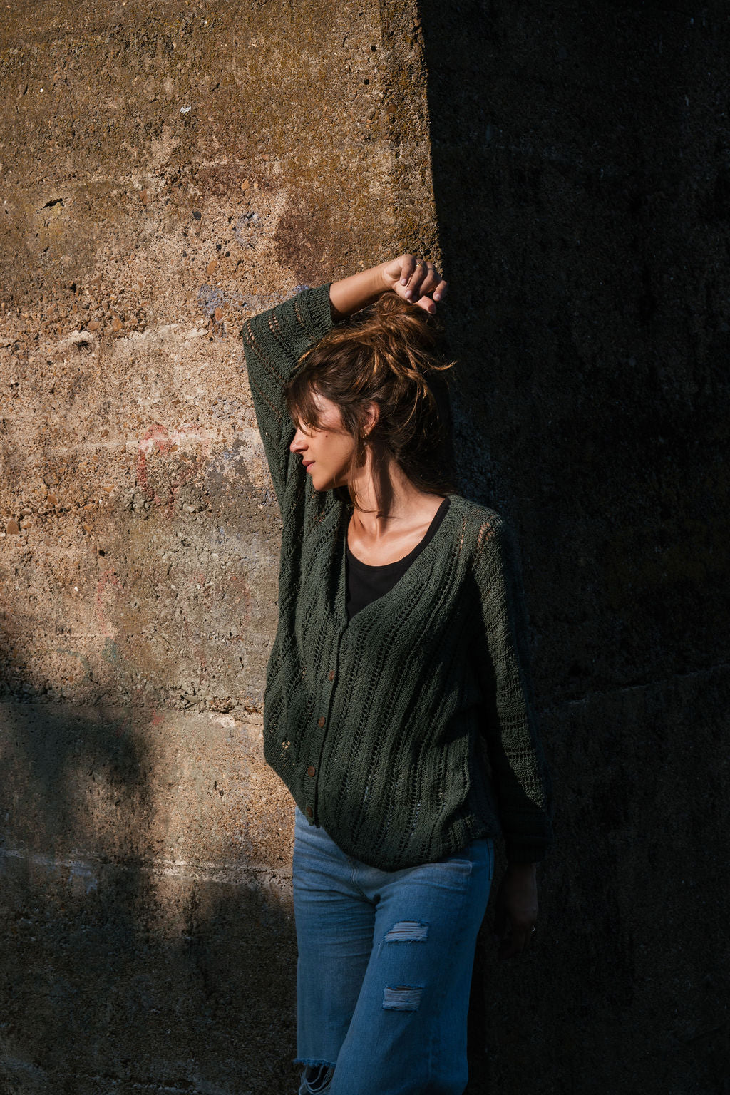 Trish Lace Cotton Sweater in Pine Green Made to Order