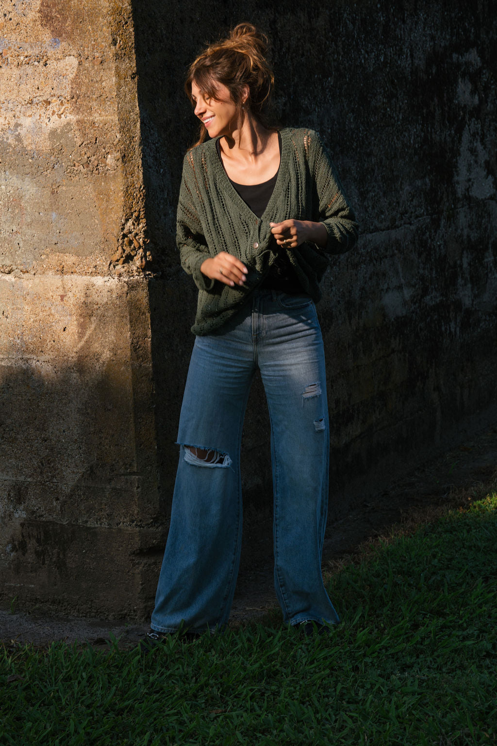Trish Lace Cotton Sweater in Pine Green Made to Order