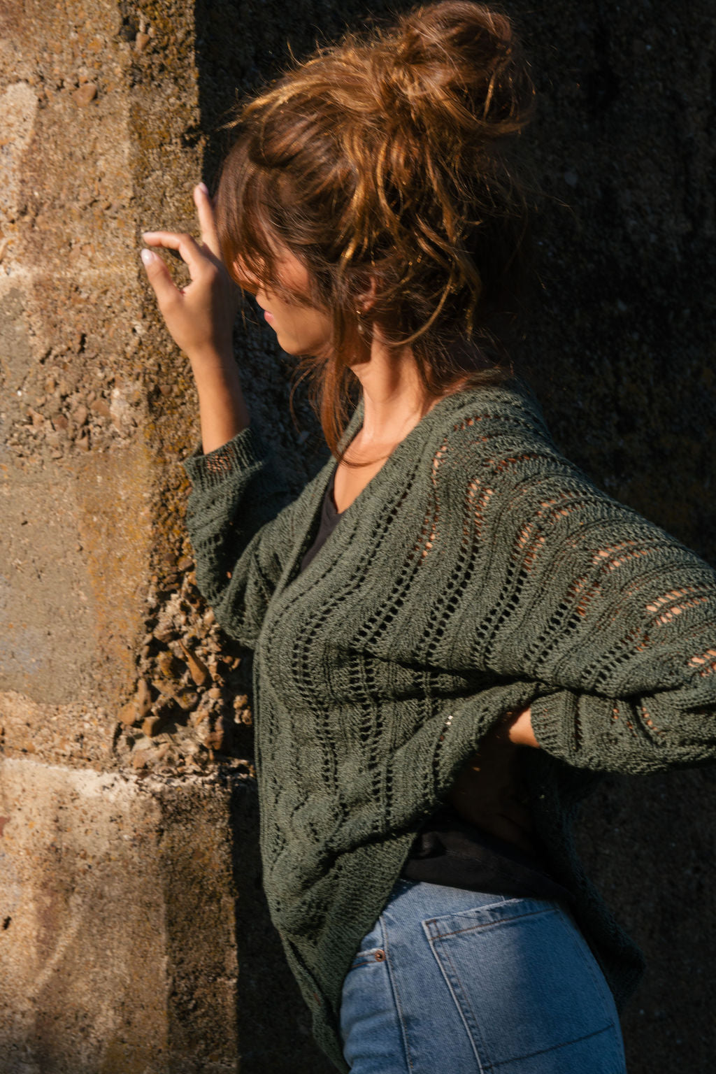 Trish Lace Cotton Sweater in Pine Green Made to Order
