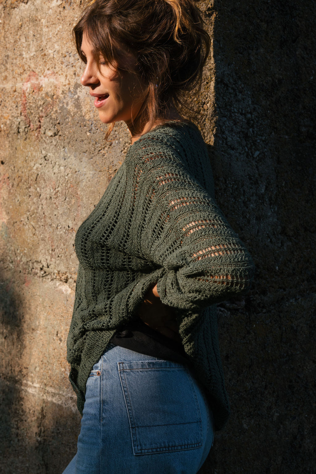 Trish Lace Cotton Sweater in Pine Green Made to Order